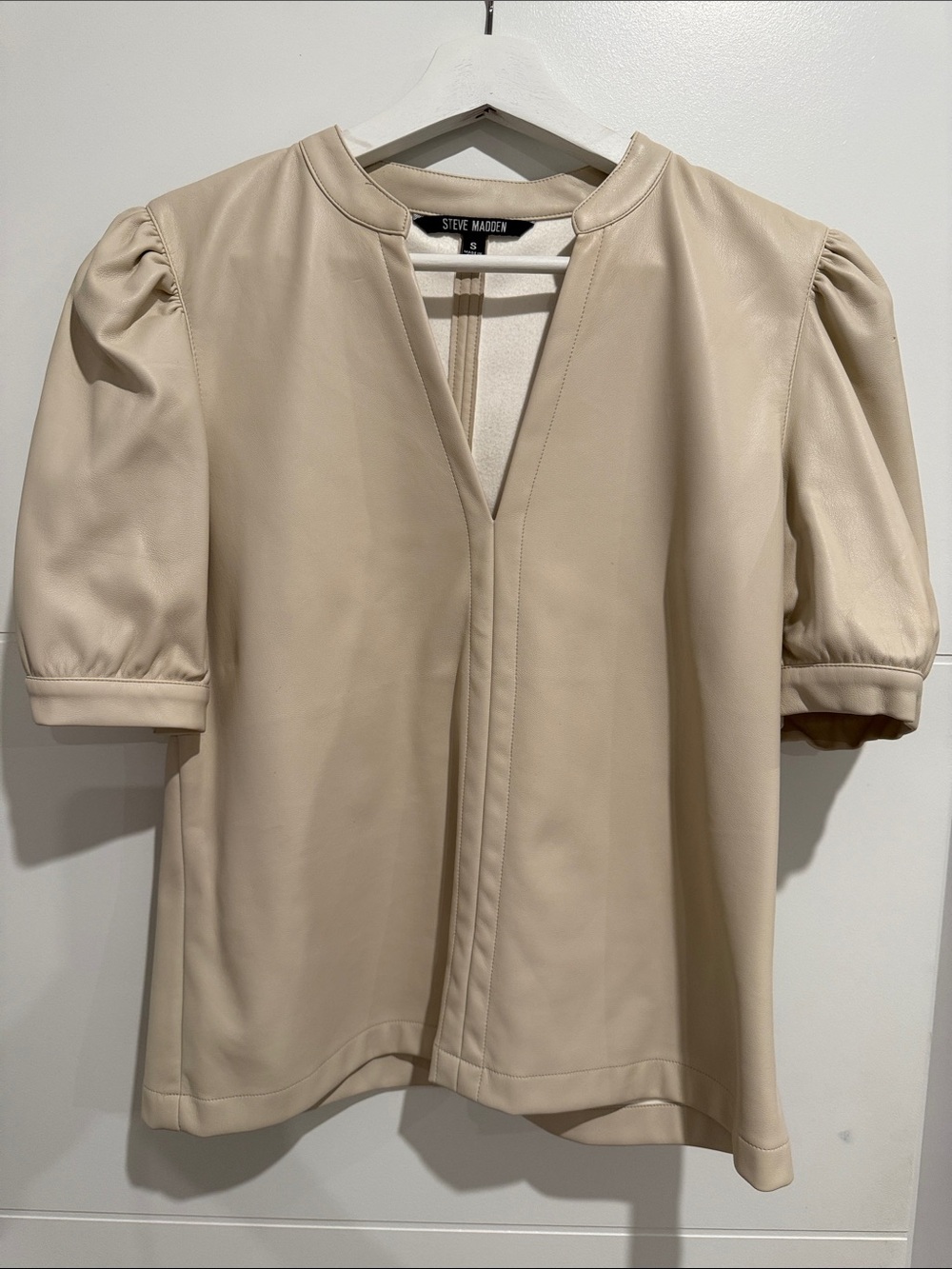 Steve Madden Cream Faux-Leather Puff Sleeve Top